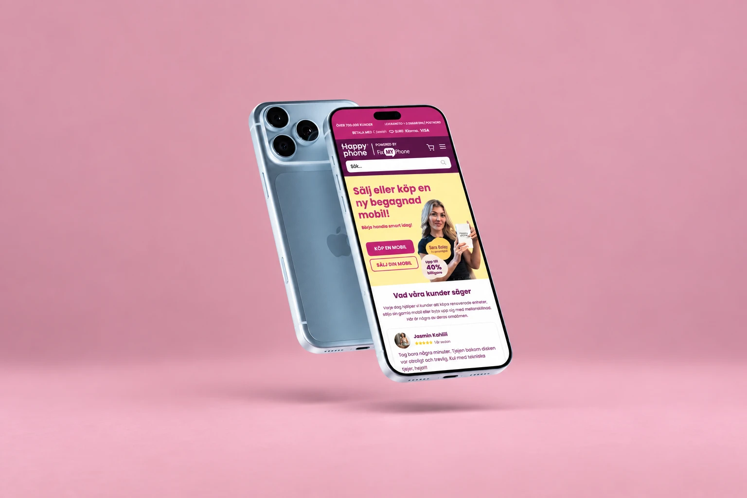 Svävande iPhone-mockup med Happy Phones mobilanpassade hemsida mot en mattrosa bakgrund